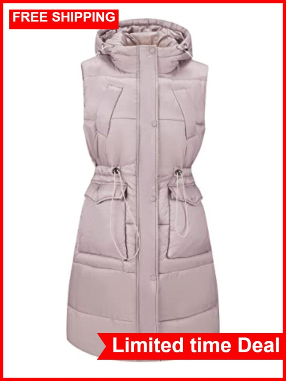 Women's Long Quilted Puffer Vest Hooded Sleeveless Oversized